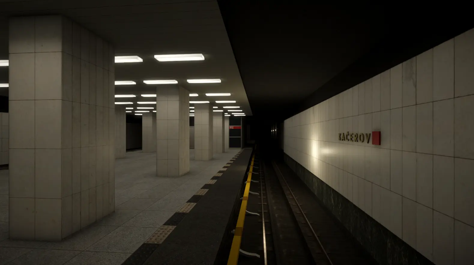 Kilátás a pálya mentén Kačerov állomáson a Subway Simulator: Prague fejlesztői változatában
