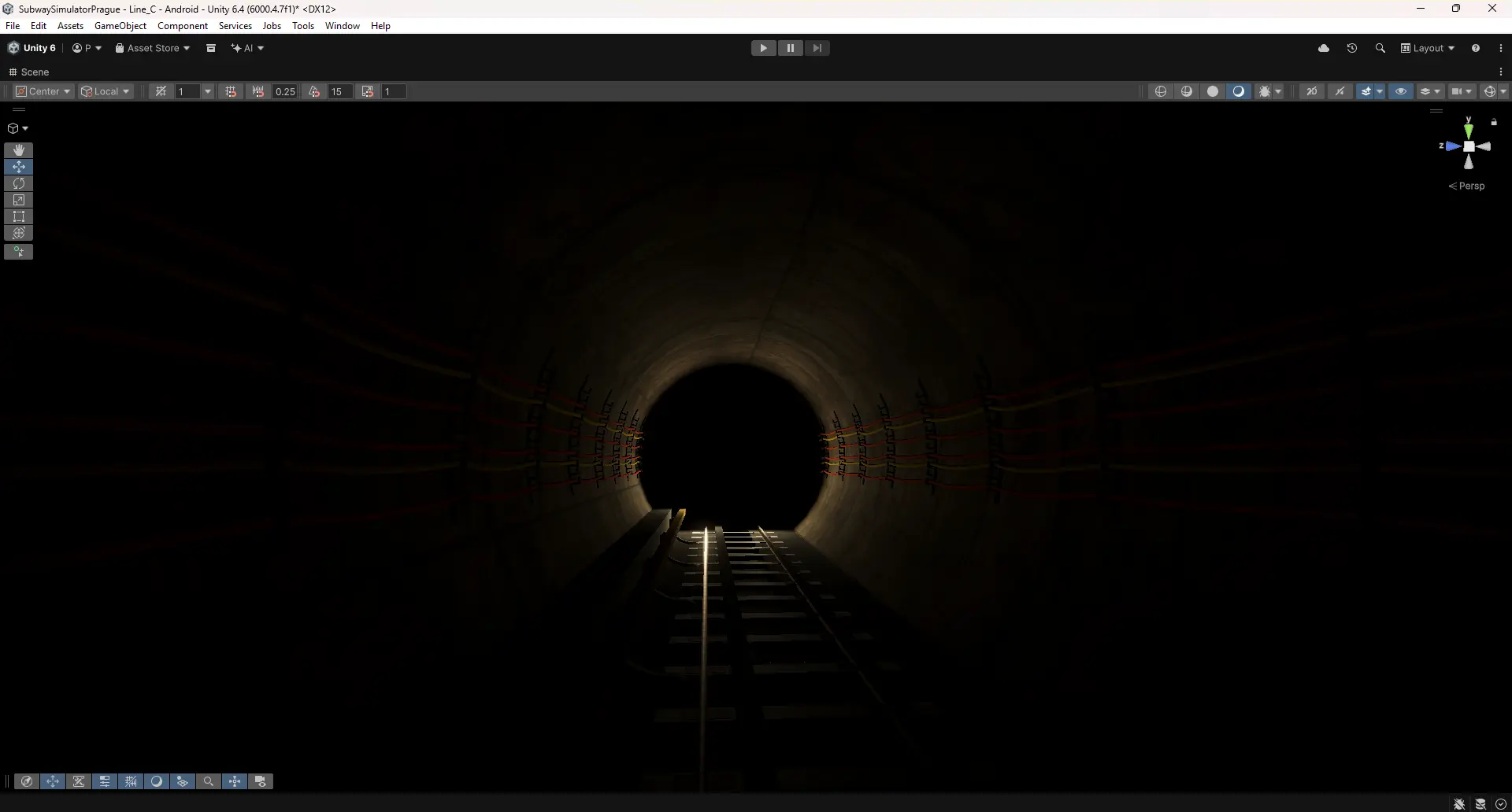 Sötét metróalagút tesztvilágítással Unityben
